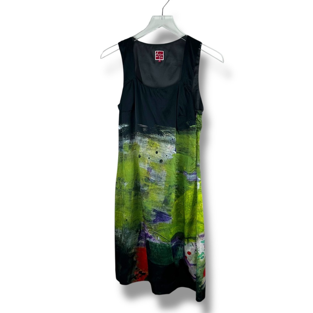 Aventures des Toiles Silk Blend Abstract Art Print Sleeveless Dress‎ Black Green